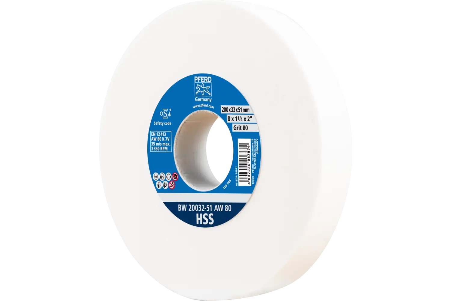 Picture of Pferd Vitrified Bench Wheel, HSS, 8" X 1-1/4 X 2, 80 Grit, Aluminum Oxide